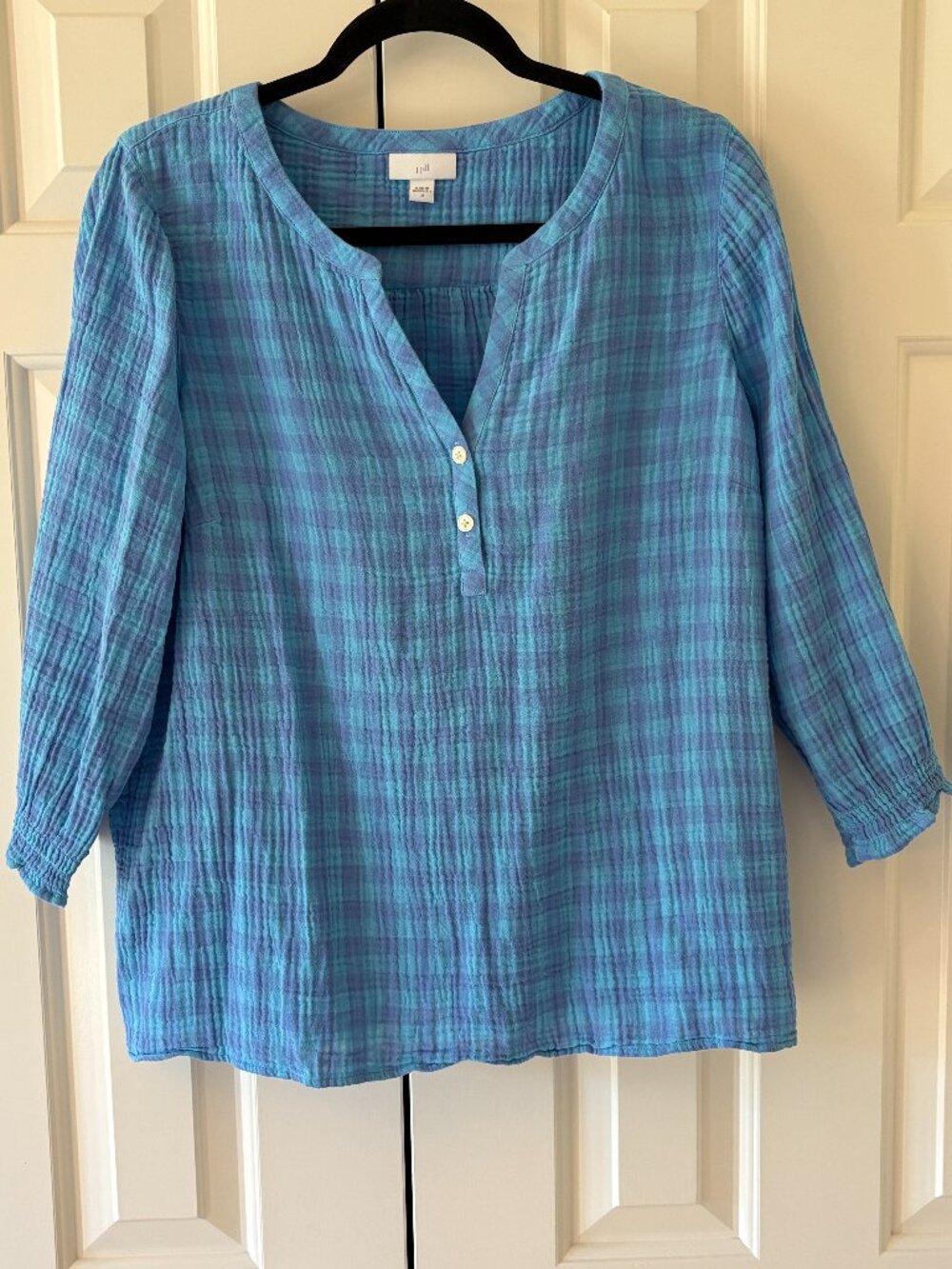 NWOT J. Jill  Cotton Gauze Popover Smocked Sleeve Top in Pool Blue/Peri Sz M